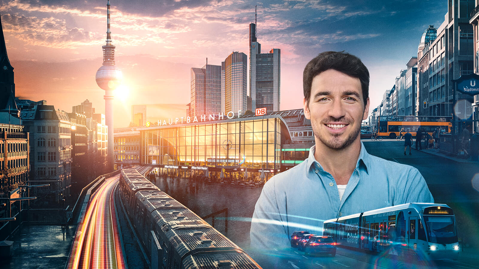 Felix Neureuther trägt ein hellblaues Hemd und lächelt. Im Hintergrund ist die Skyline einer Großstadt zu sehen. 